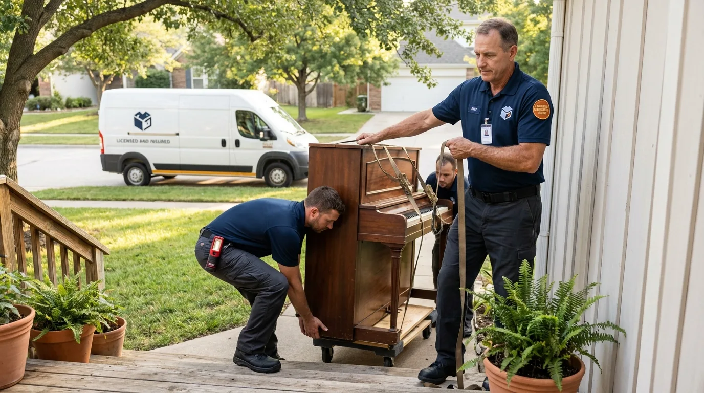 Licensed piano movers securing grand piano in Paterson, NJ