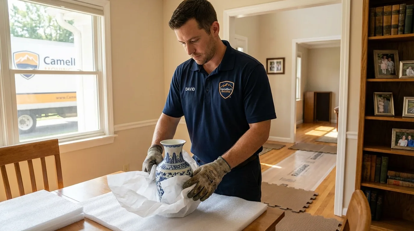 Professional crew carefully wrapping antique vase for senior downsizing move in Paterson, NJ